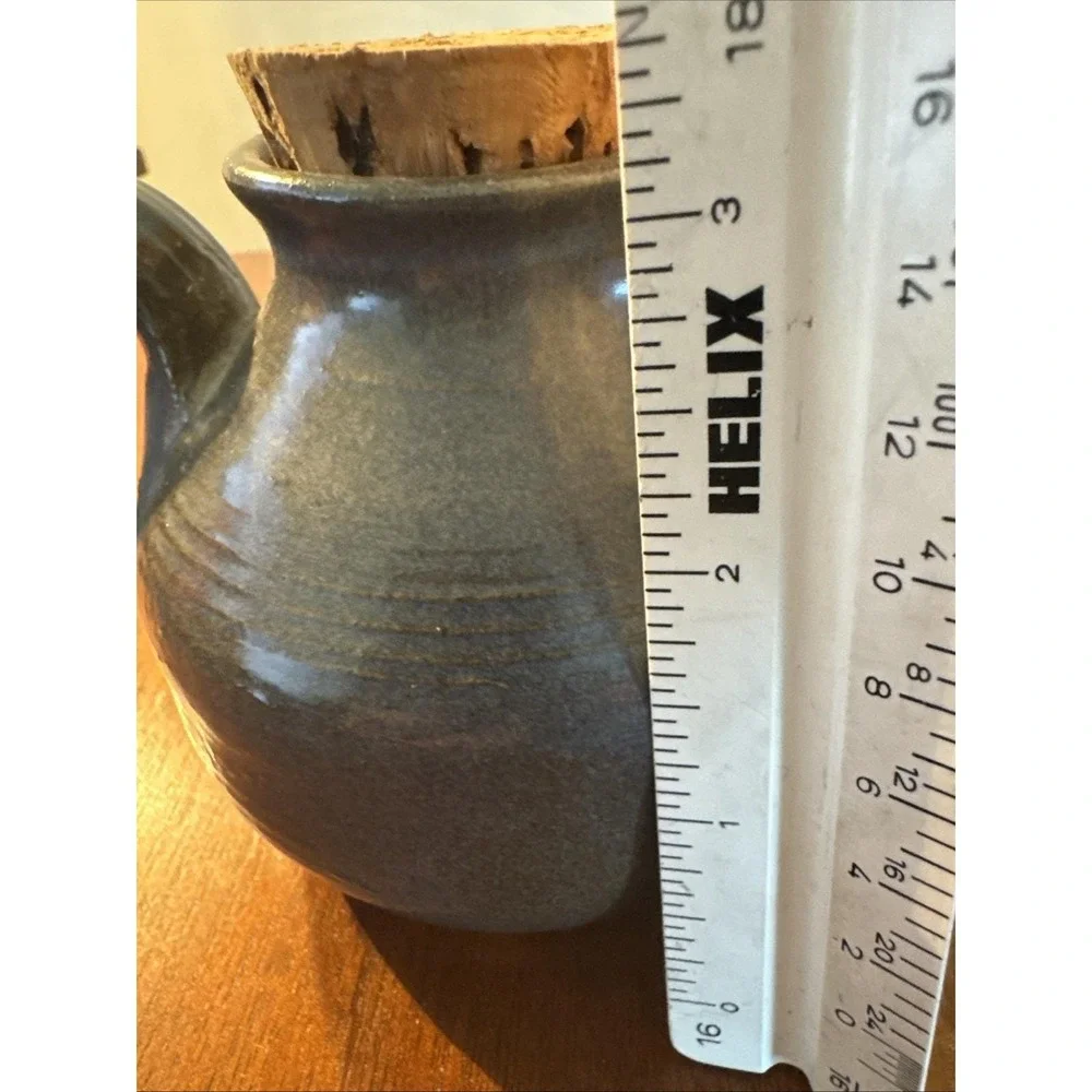 VTG small Studio Pottery jug with cork stopper semi-matte blue Stamped B‎